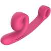Pink silicone vibrator with a curved shaft and rounded head on a looped handle for stimulation