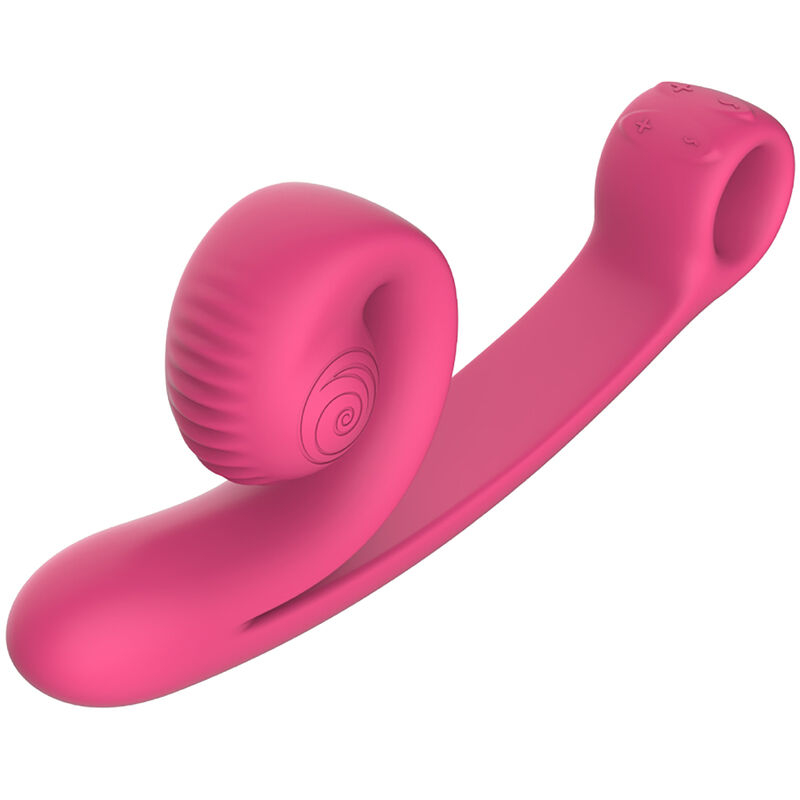 Pink silicone vibrator with a curved shaft and rounded head on a looped handle for stimulation