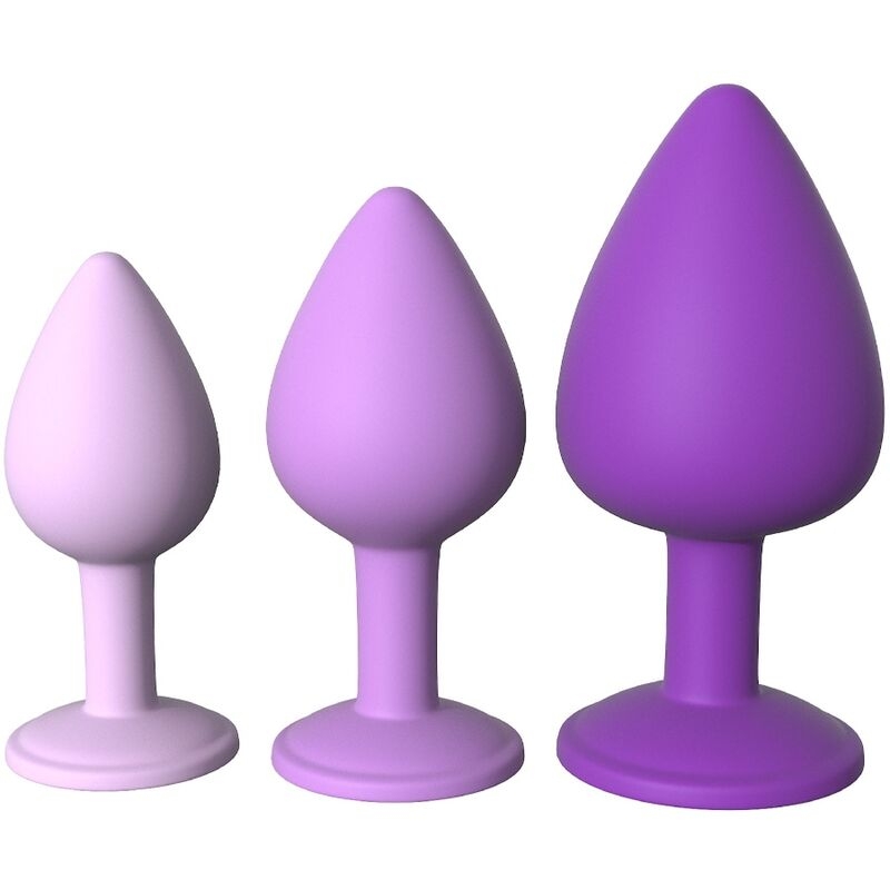 Set of three silicone butt plugs in light to dark purple, arranged from small to large on a white background.