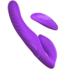Purple silicone rabbit-style vibrator with a curved shaft and external clitoral stimulator, shown with a separate wireless remote.
