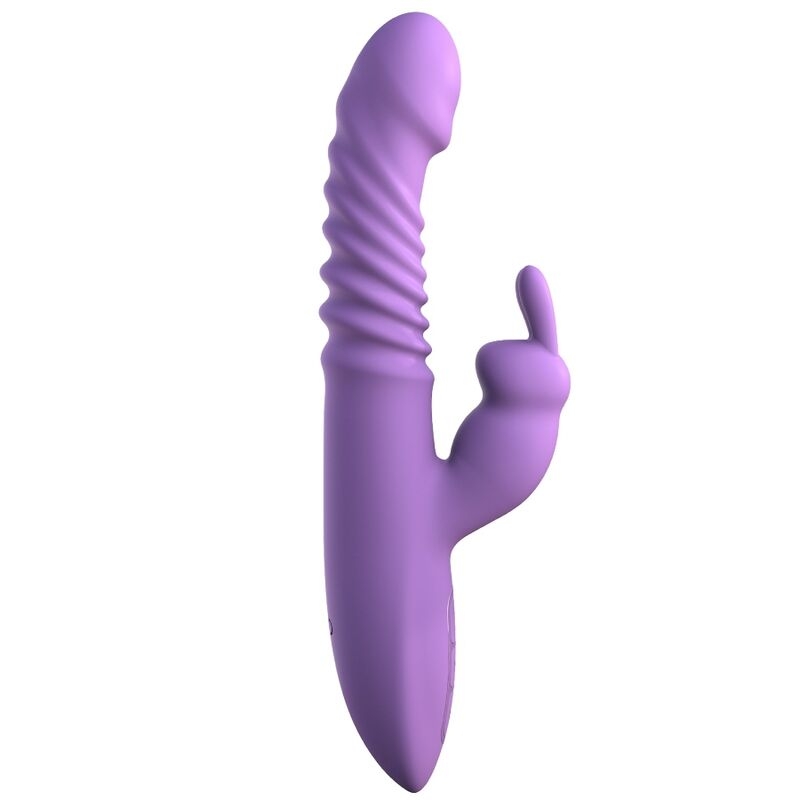 Purple silicone rabbit-style vibrator with a ribbed shaft and a curved clitoral stimulator, designed for sexual pleasure.