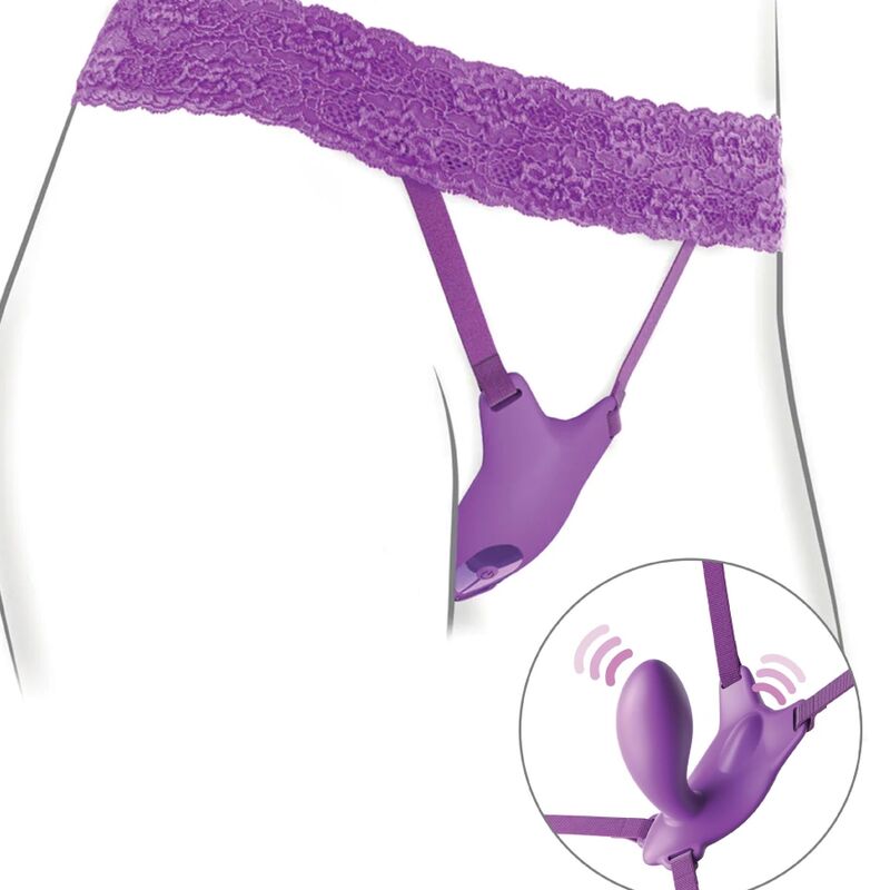 img_156300_55da955c0e4444162ee5dc8efd87a20f_1jpg - Sex Shop | Lodia.gr - 100% Διακριτική Και Παράδοση με courier της επιλογή σας Purple strap-on harness with lace waistband and adjustable straps; inset shows the vibrating dual-action toy.