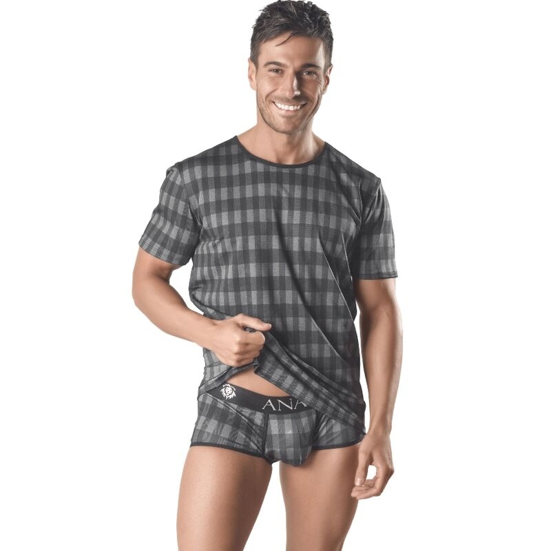 Smiling man modeling a gray plaid T-shirt and matching gray plaid boxer briefs.