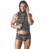 Muscular man in gray plaid hoodie and boxer briefs, smiling while talking on a cell phone.