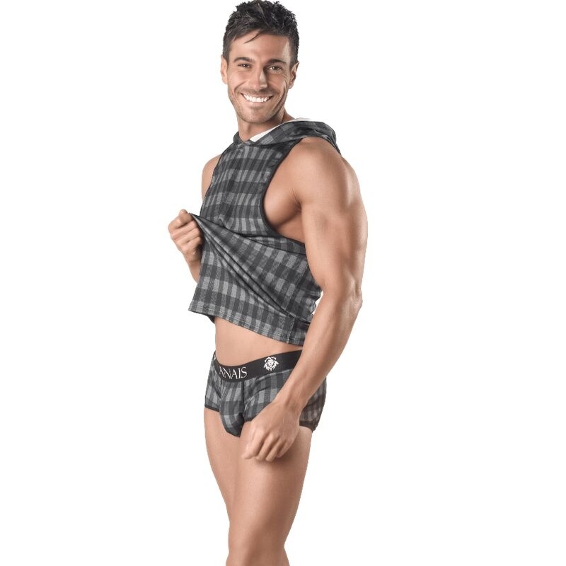 Male model wearing a gray plaid sleeveless hoodie and matching plaid boxer briefs, smiling and posing with a side view.
