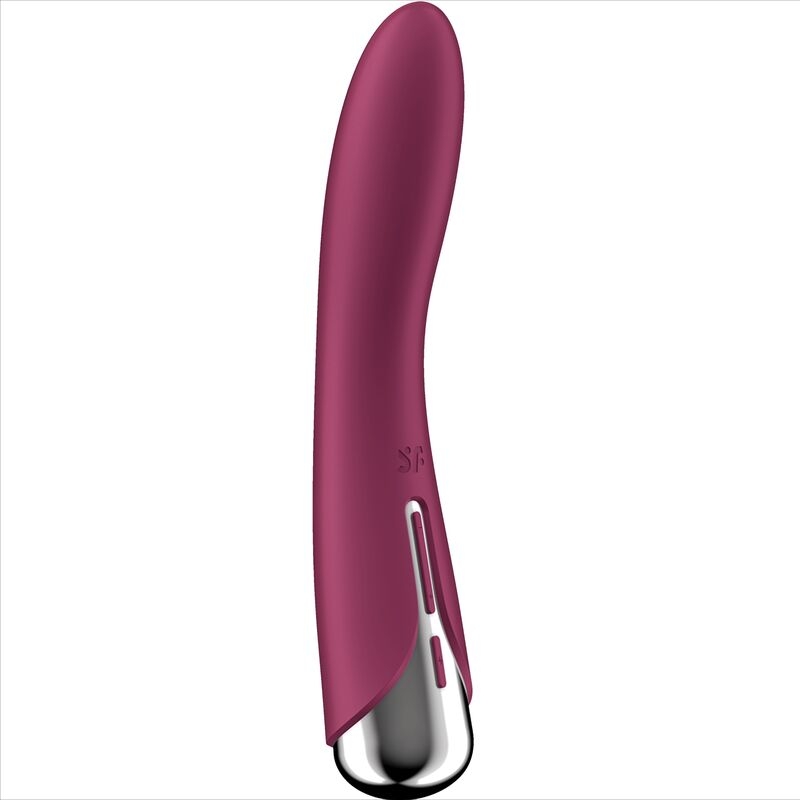 Magenta curved vibrator with a chrome base, designed for sexual stimulation.