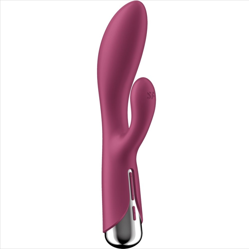 Purple curved vibrator with handle and metallic base, a sex toy for sexual stimulation