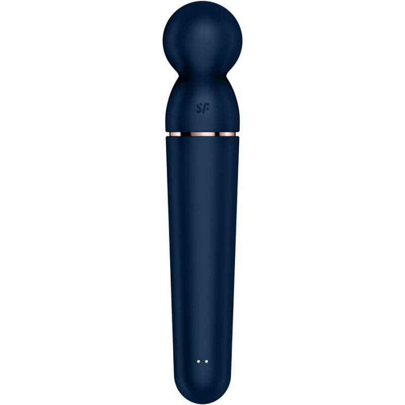 Blue wireless wand vibrator with a rounded head and rose-gold accent near the neck on a white background.