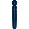 Blue wand-style vibrator with a rounded head and rose-gold band, held by a long, curved handle with side control buttons on the shaft (sexual wellness device).