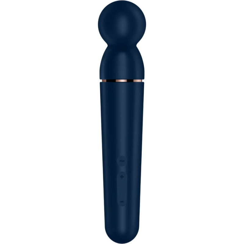 Blue wand-style vibrator with a rounded head and rose-gold band, held by a long, curved handle with side control buttons on the shaft (sexual wellness device).