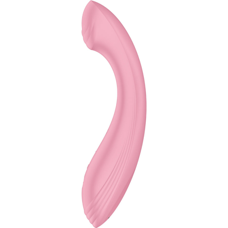Pink curved silicone vibrator designed for sexual stimulation with an ergonomic shape and subtle ridges.
