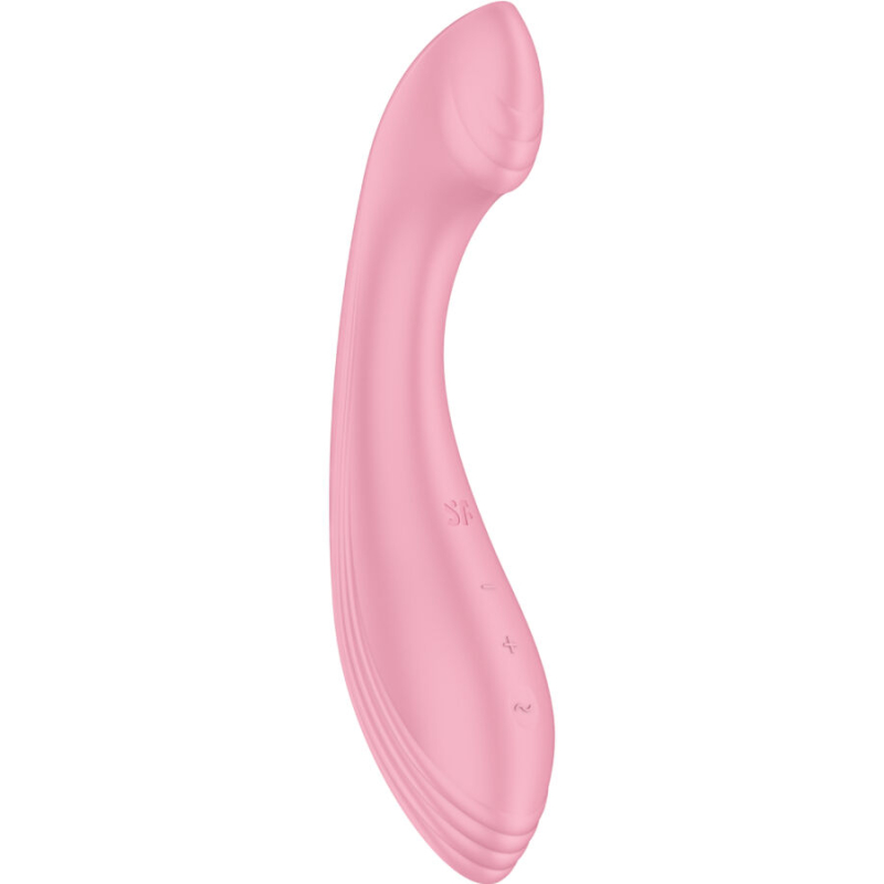 Pink curved vibrator with a rounded tip and control buttons along the handle, on a white background.