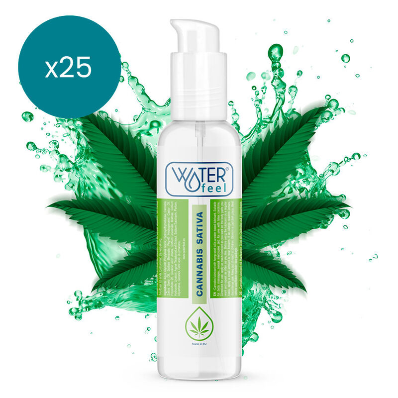 Spray bottle labeled WaterFeel Cannabis Sativa, with green cannabis leaves and splash background; teal x25 badge indicates quantity.