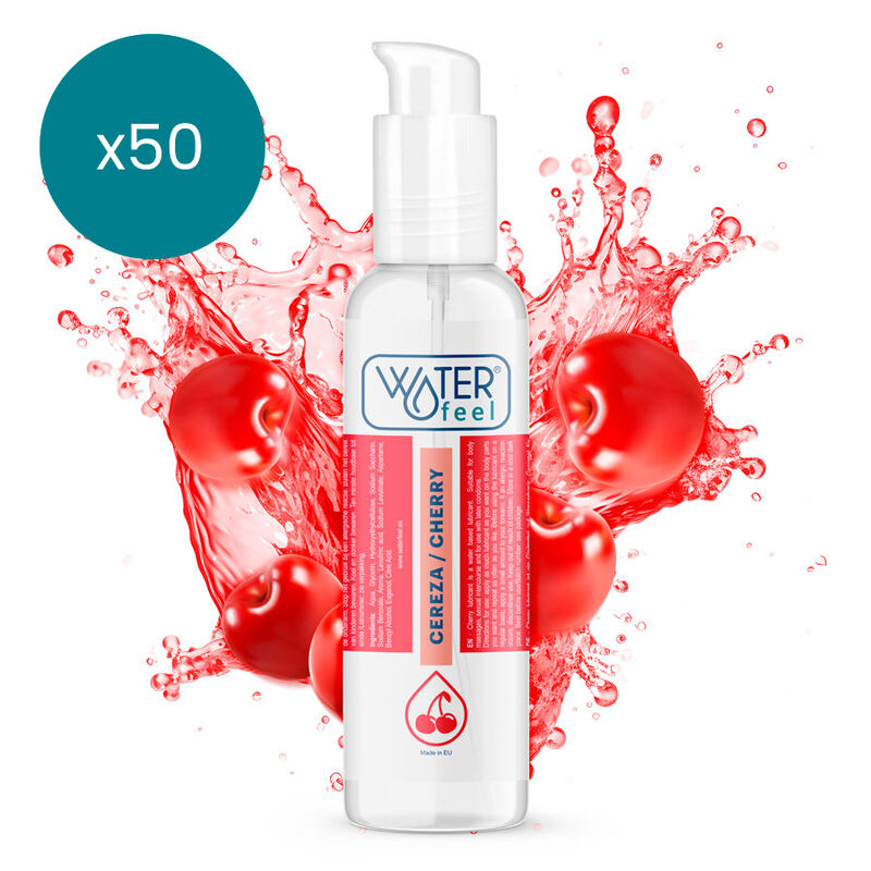 WaterFeel cherry-flavored spray bottle with a red cherry splash background and a teal x50 badge in the corner.