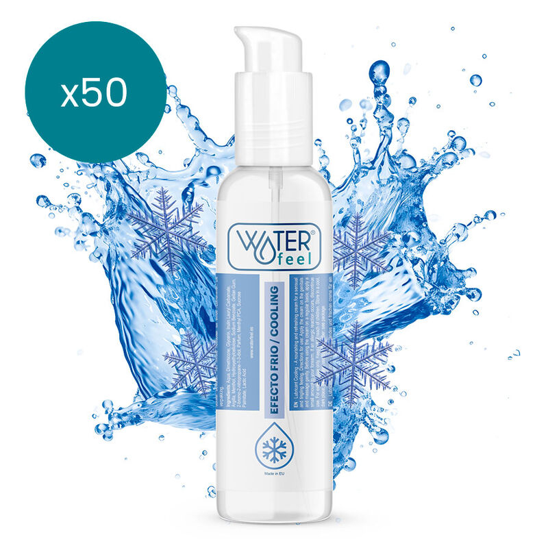 Cooling spray bottle labeled Water Feel with ice-splash background and snowflakes, featuring an x50 indicator in a teal circle.