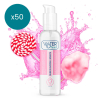 Water Feel spray bottle with pink label, surrounded by pink splash art and a red-and-white lollipop; badge reads x50.