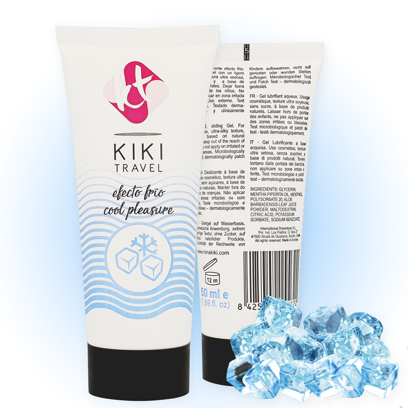 White KIKI TRAVEL cooling gel tube with blue wave design and black cap, ice cubes beside it.