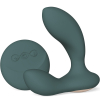 Teal silicone anal plug with a curved shaft and rounded base shown from the side.