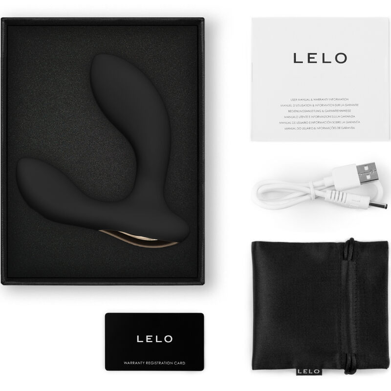LELO sex toy in black box with curved silicone massager, plus USB charging cable, warranty card, and black pouch.