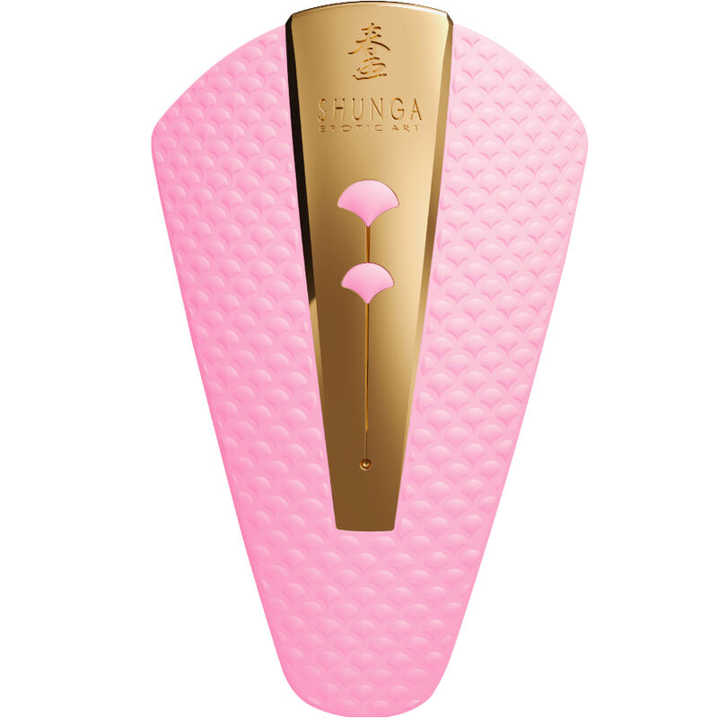Pink silicone sex toy with a gold central panel and pink floral accents, branded 'Shunga Erotic Art' on the center strip.