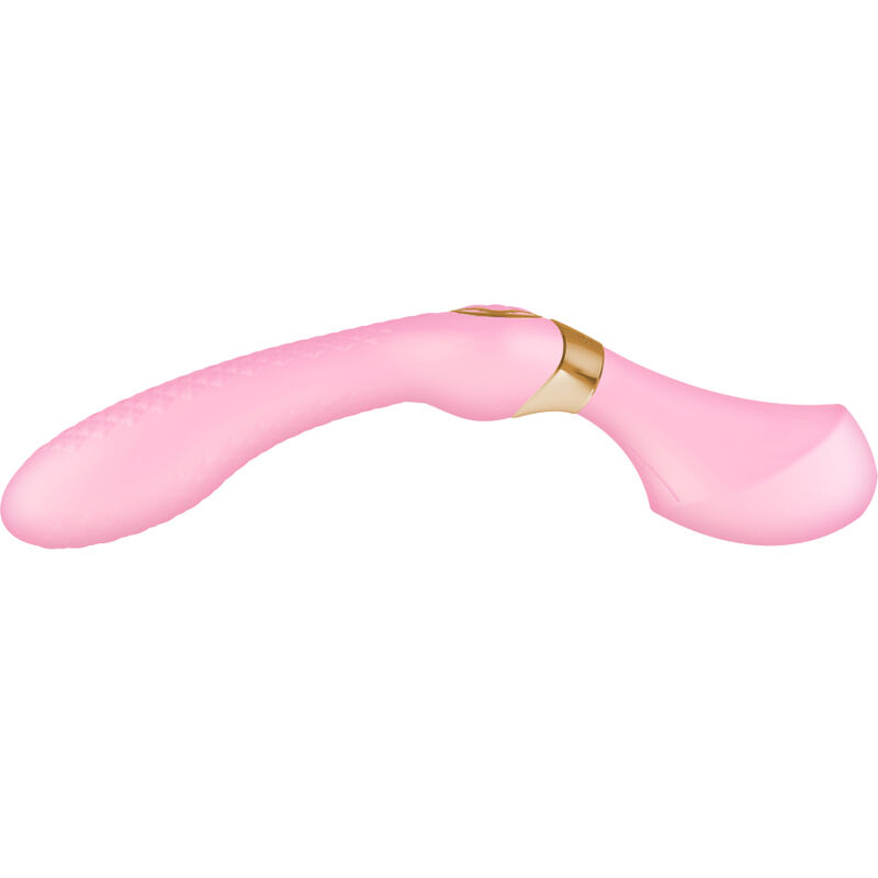Pink curved silicone vibrator with a gold band, designed for stimulating internal and external erogenous zones.