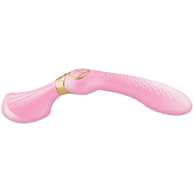 Pink curved vibrator with a textured grip and a gold-accented base.