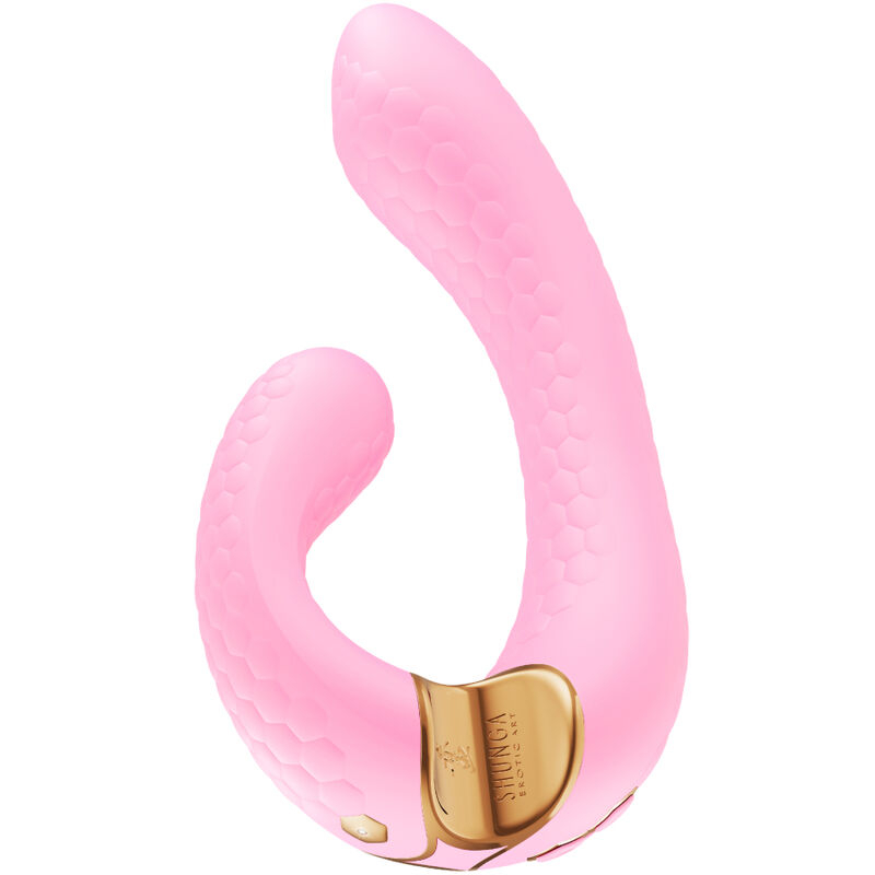Pink curved silicone vibrator with honeycomb texture and a gold control base.