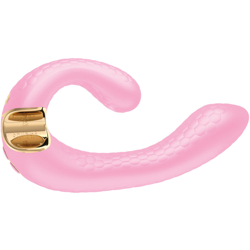 Pink curved silicone sex toy with a honeycomb texture and gold metal accents, designed for sexual stimulation