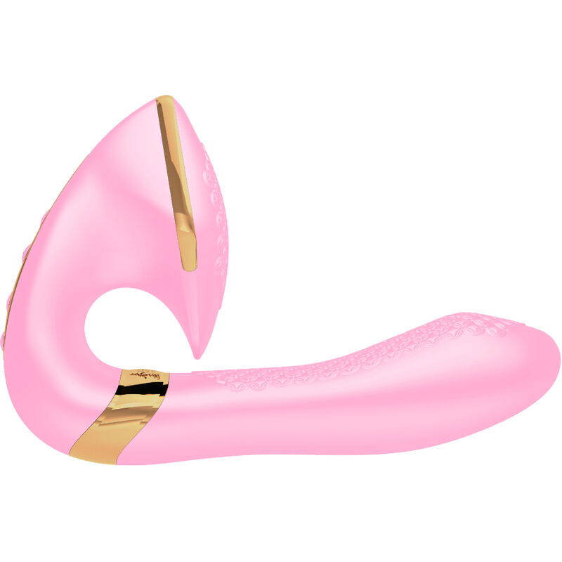 Pink curved vibrator with gold accents, designed for external and internal stimulation (adult sex toy).