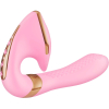 Pink curved vibrator with gold accents, designed for G-spot stimulation.