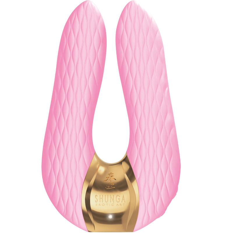 Pink, U-shaped vibrator with a gold base, textured surface for stimulation, likely a sex toy.