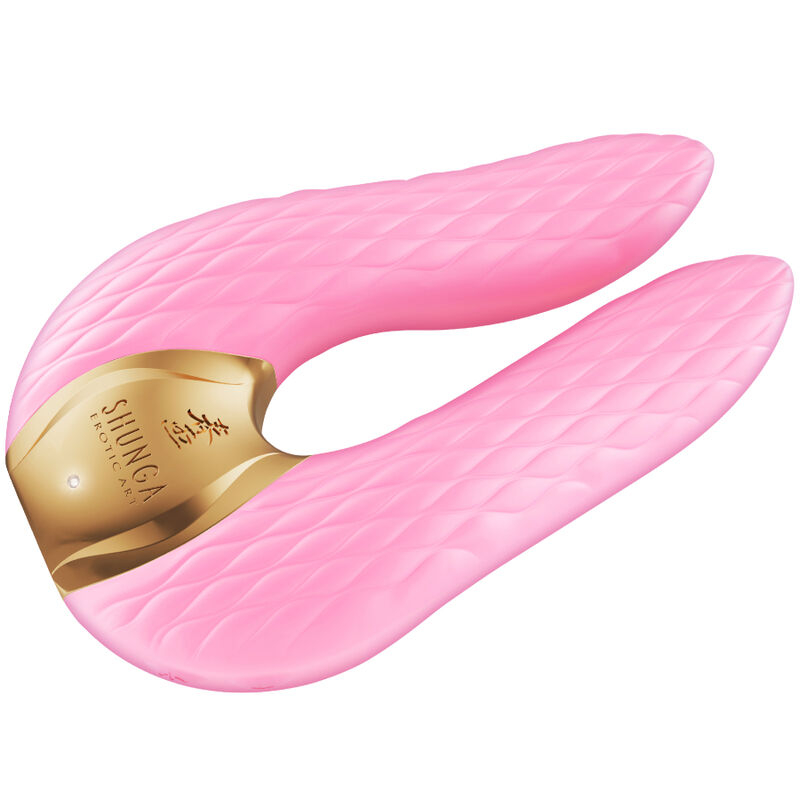 Pink silicone U-shaped vibrator with a gold base, designed for dual internal and external (clitoral) stimulation, textured surface for grip and comfort.