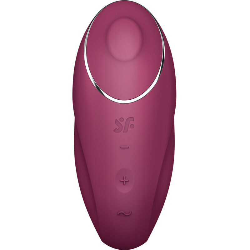 Purple silicone vibrator with curved head and silver rim, featuring control buttons along the handle and the SF logo on the body.