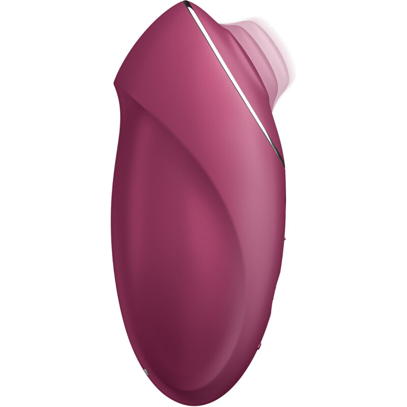 Pink curved sex toy with ergonomic shape on a white background, viewed from the side.