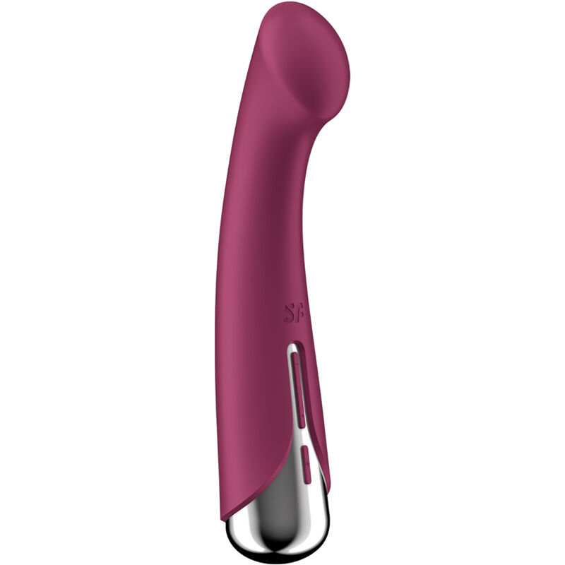 Pink curved vibrator with a metallic silver base and control panel at the bottom edge.