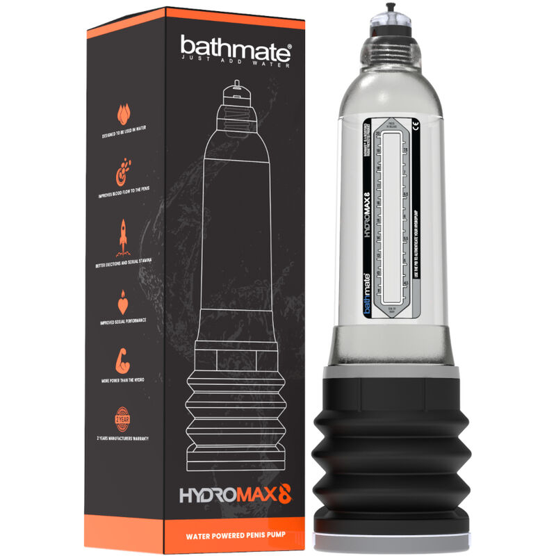 Bathmate HydroMax8 water-powered penis pump with its packaging box shown side by side for sexual enhancement.