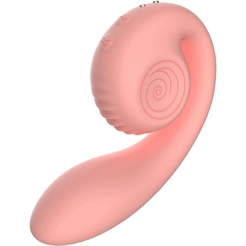 Pink silicone curved sex toy with a rounded head and spiral texture, designed for external stimulation and insertion (adult product).