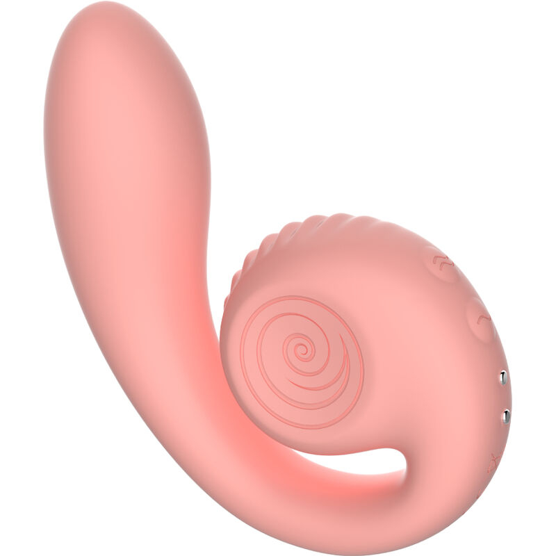 Pink silicone rabbit-style vibrator with curved shaft and external stimulator, shown on a white background.