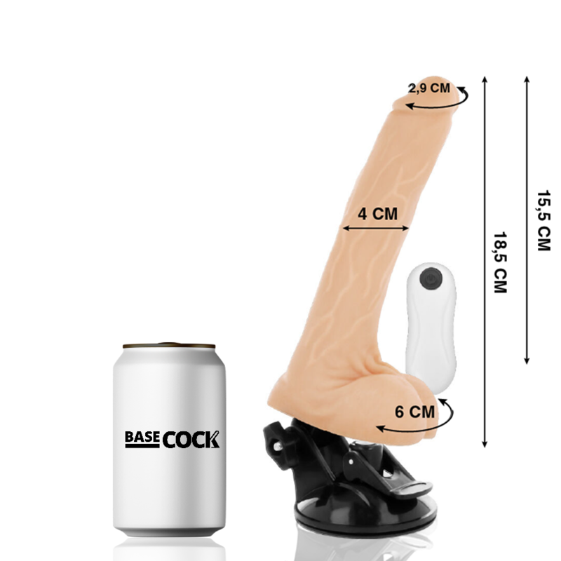 Silicone dildo with suction base and wireless remote shown next to a can for scale; overall height 18.5 cm, shaft 4 cm in diameter, tip 2.9 cm.