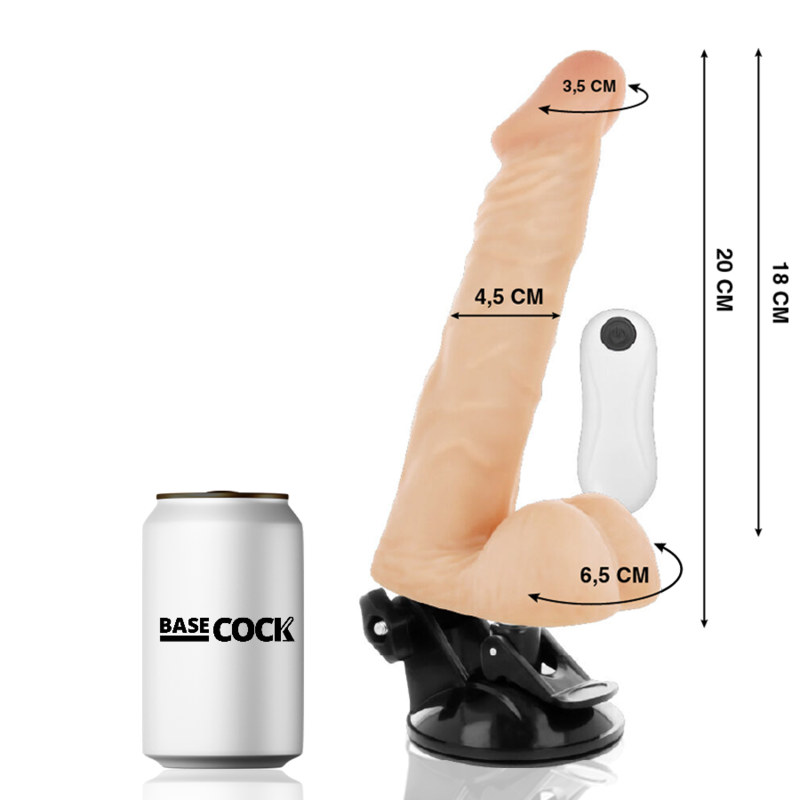 Dildo with suction-cup base next to a can labeled BASE COCK; arrows indicate tip width 3.5 cm, shaft diameter 4.5 cm, base diameter 6.5 cm, and overall height about 18 cm. Aimed as an adult product image.