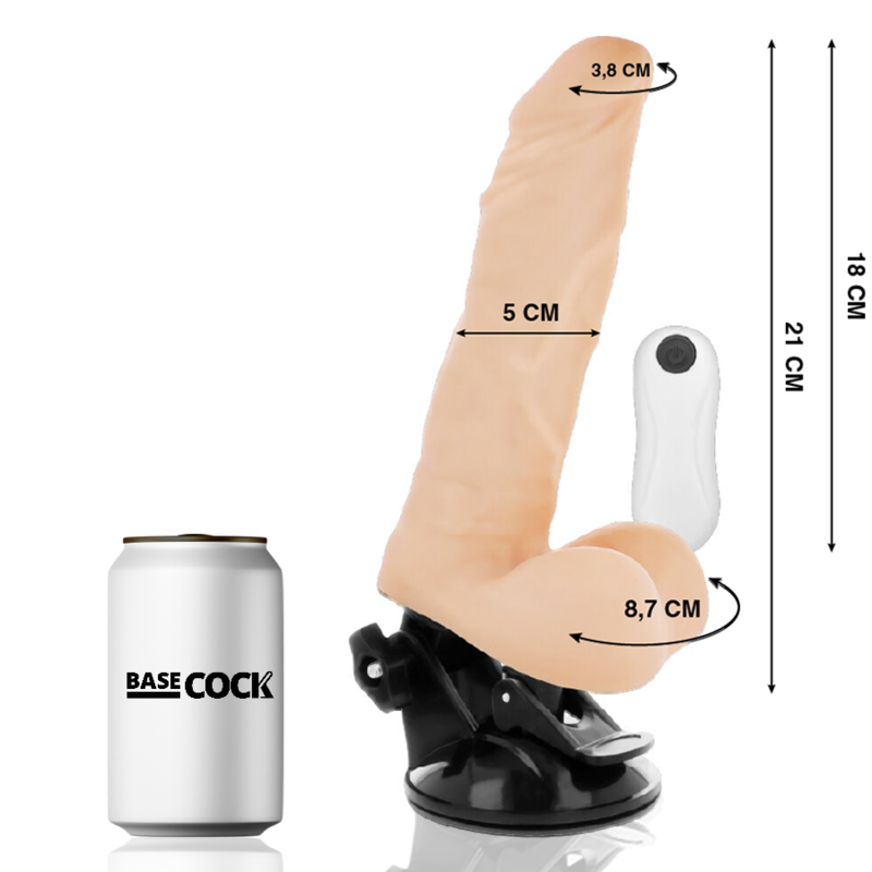 Beige dildo with suction base and small remote, shown with approximate dimensions (about 21 cm long, 8.7 cm girth, 5 cm shaft, 3.8 cm tip).