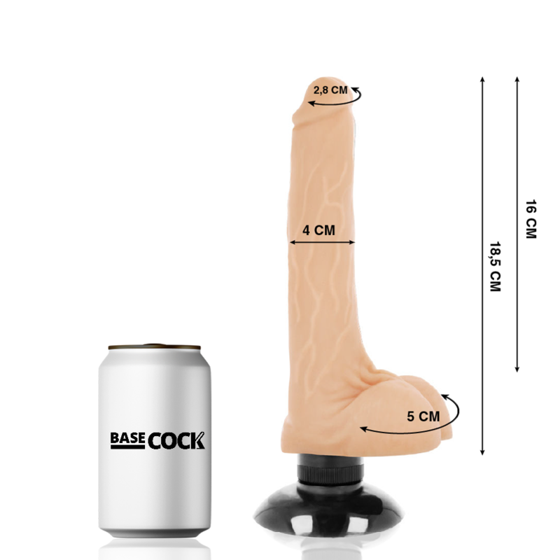 Sex toy (dildo) upright with measurement marks: 16 cm tall, 18.5 cm overall height, 4 cm shaft width, 2.8 cm head diameter, 5 cm base diameter, shown next to a white can labeled 'BASE COCK' on a black stand.