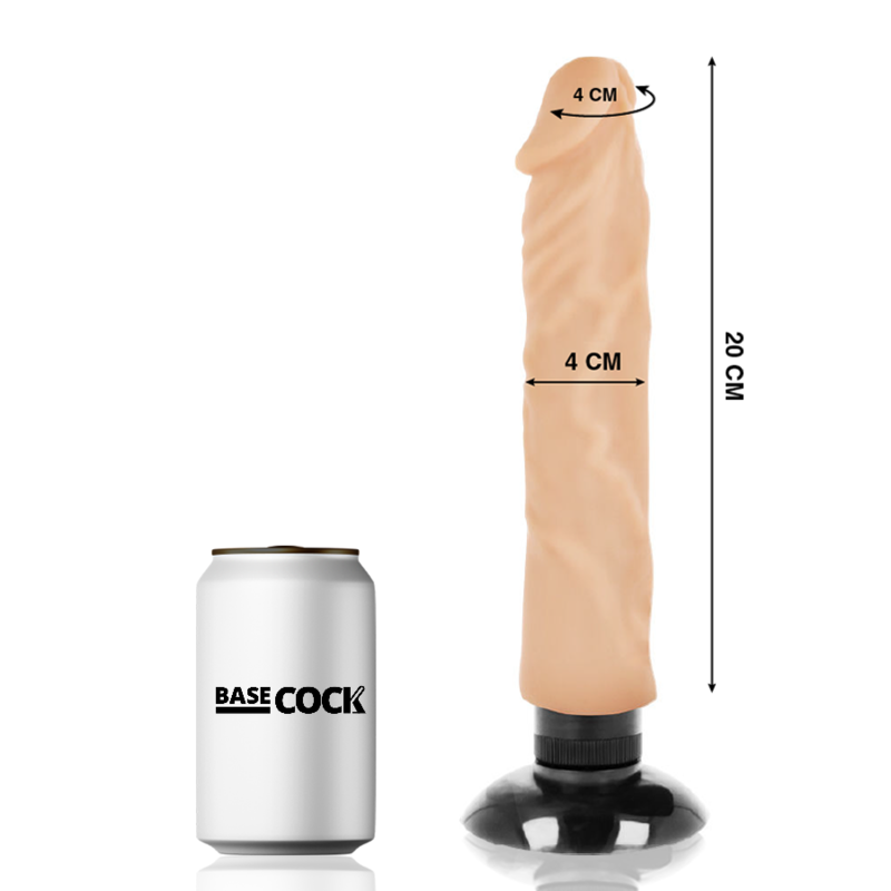 Flesh-colored dildo, 20 cm tall with a 4 cm diameter and a suction-style base, shown beside a white can labeled BASECOCK.