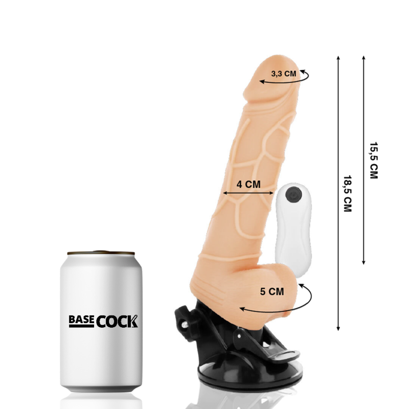Beige silicone dildo with suction base and white controller, with dimension labels: overall length 18.5 cm, insertable length 15.5 cm, shaft 4 cm wide, tip 3.3 cm, base 5 cm.