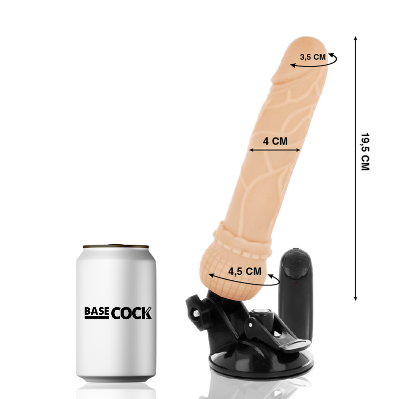 Beige dildo mounted on a black suction base beside a can labeled BASE COCK; total length about 19.5 cm.