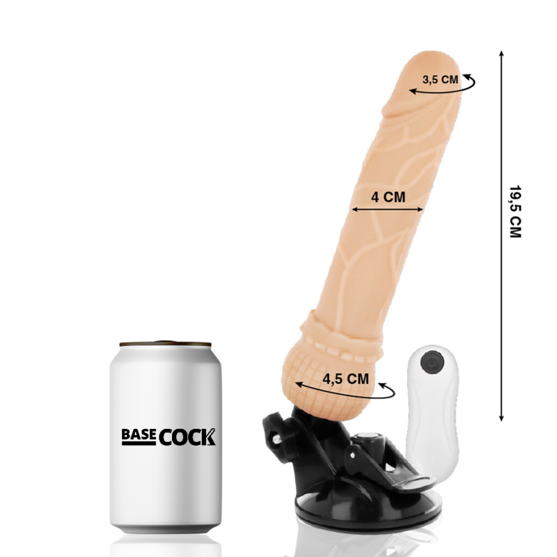 Beige ribbed dildo on a suction base with a white wireless remote; overall length about 19.5 cm and labeled girth/diameters (4 cm mid shaft, 4.5 cm base).
