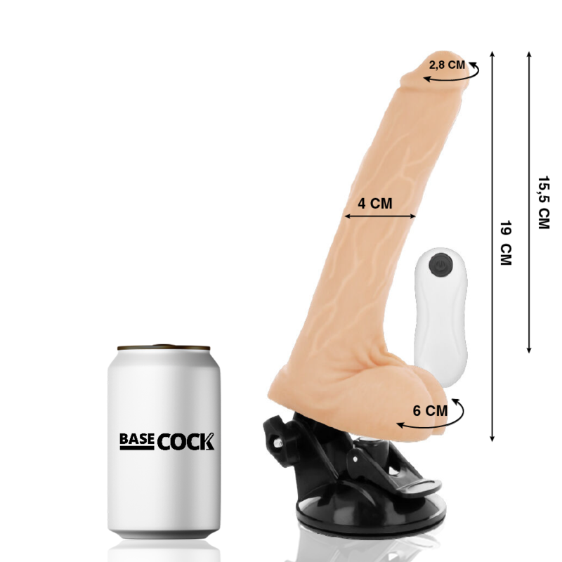 Silicone dildo on a suction base with a white remote, shown with measurement labels (19 cm length, 15.5 cm total height, 4 cm mid-diameter, 2.8 cm tip); a beer can is placed to the left for scale.