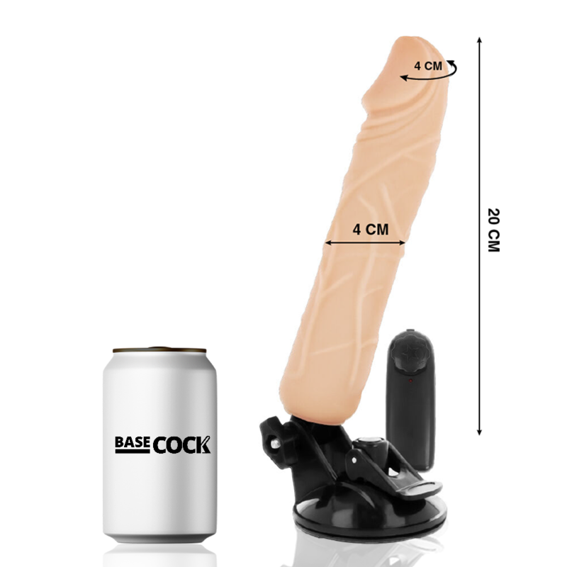 Beige dildo with a black suction base, 20 cm tall and about 4 cm in diameter, shown next to a can for scale; brand name BASECOCK visible on the can.