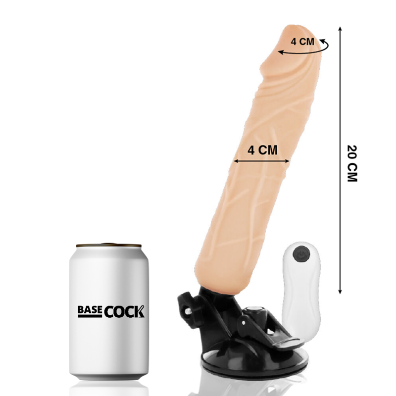 Life-size silicone dildo on a suction base with a white remote, 20 cm long and 4 cm diameter; beer can for scale.