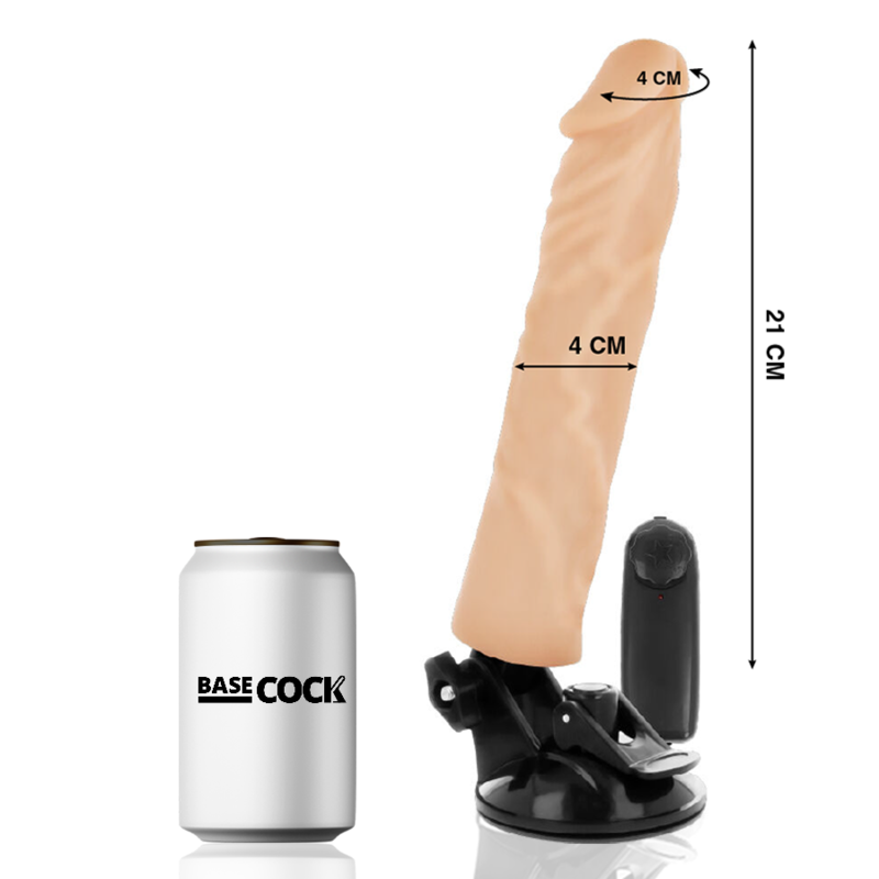 Pink dildo with a suction base standing upright, 21 cm long with a ~4 cm diameter, shown next to a white can labeled BASE COCK.